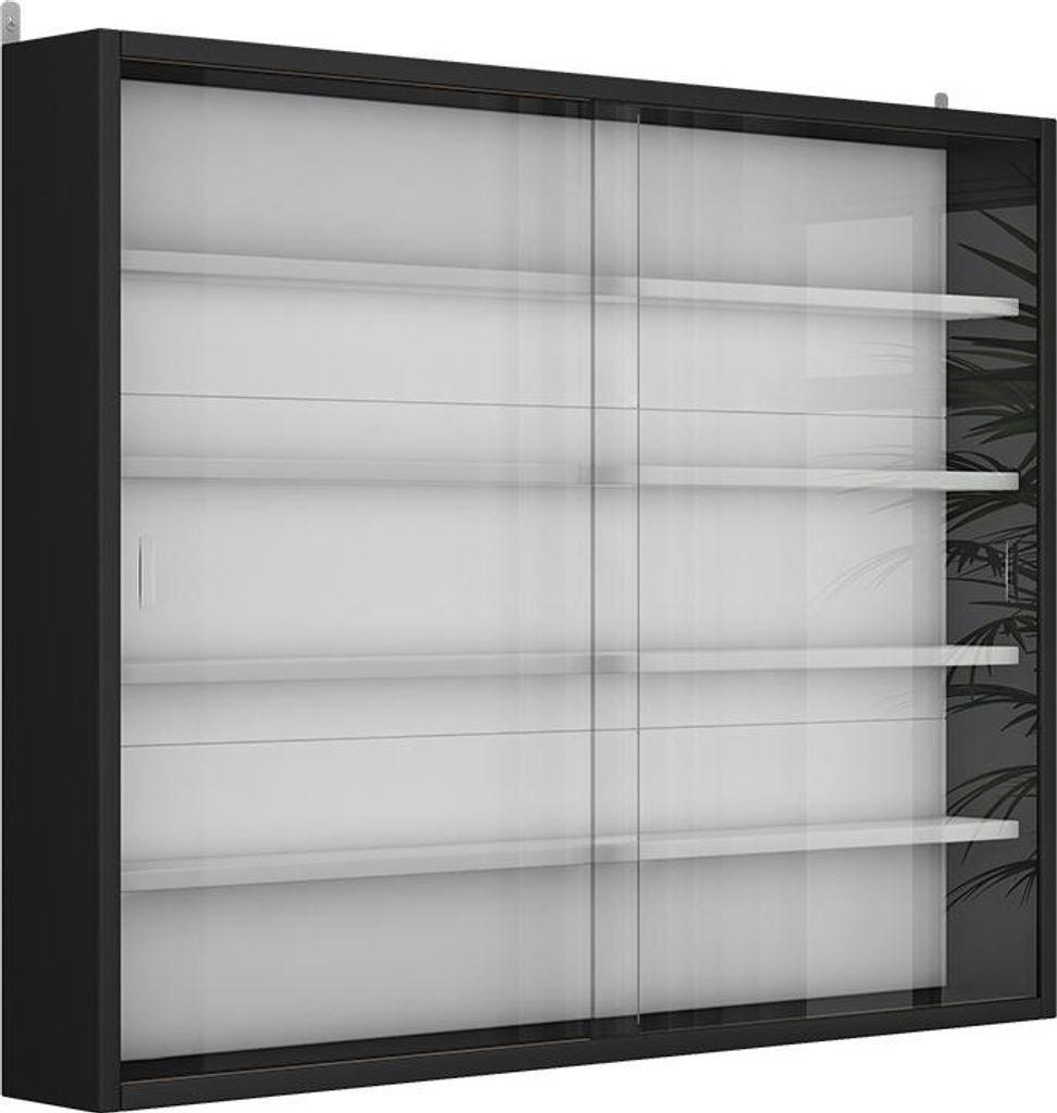 A black and white display cabinet with sliding glass doors and multiple shelves.