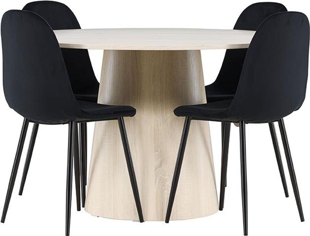 Lanzo Essgruppe Tisch Ø120cm und 4 Velours Stühle whitewash.