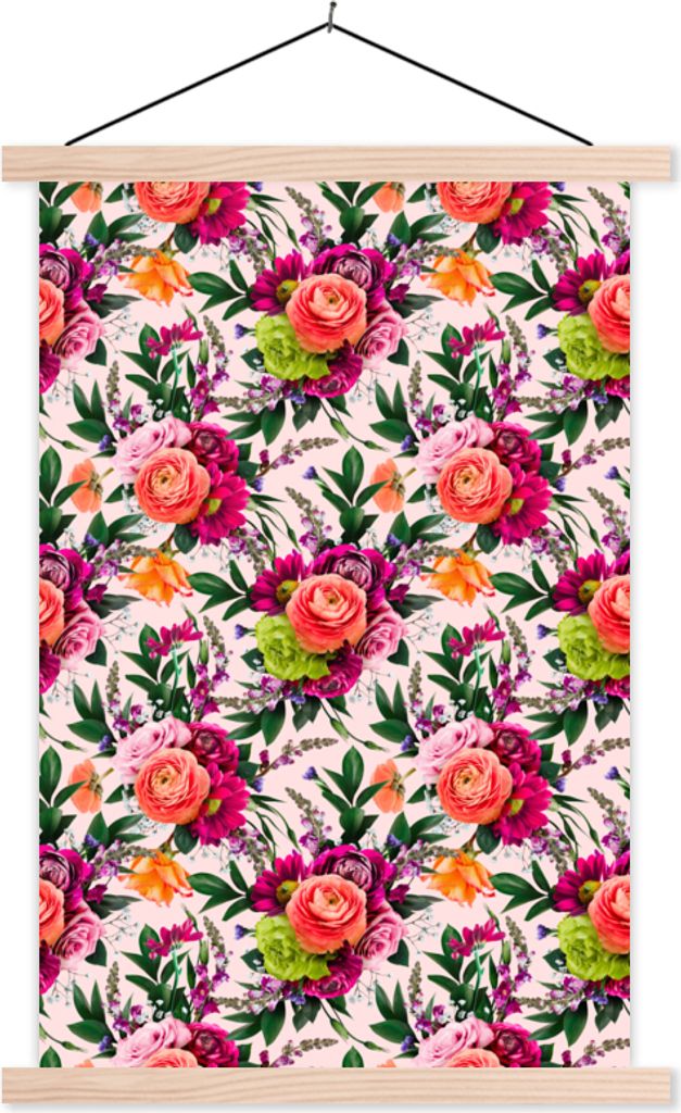 MuchoWow Textilposter Blumen - Farben - Muster 60x90 cm mit holzfarbenen Rahmen - Textil