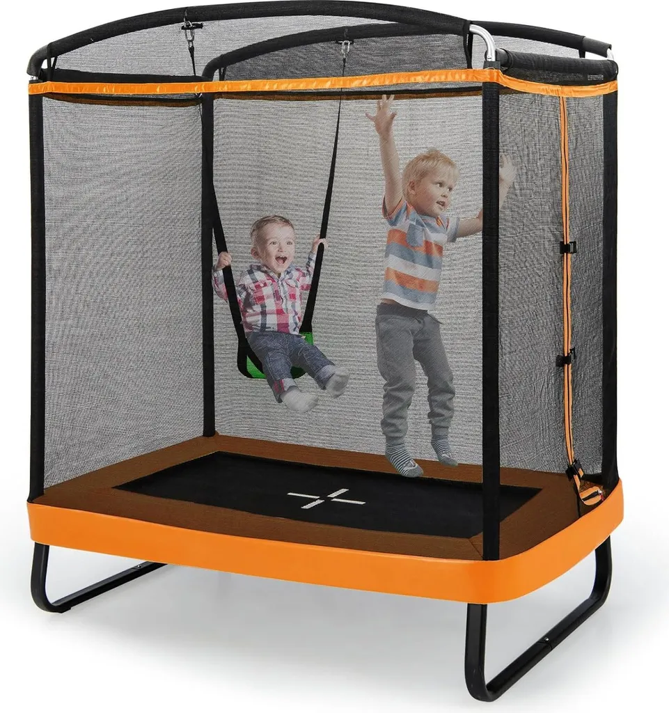 Trampoline Enfant 100kg avec Filet de Sécurité et Balançoire 2 en 1 Mixte