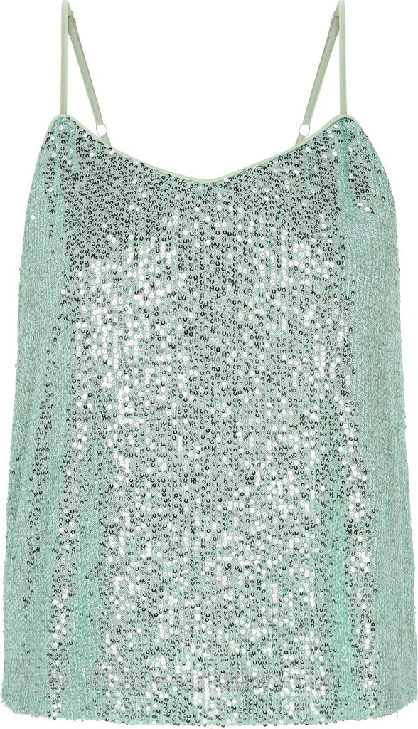 Damen Top ärmellos, Rundhalsausschnitt, dünne Träger, türkis, Größe S, mit reflektierenden Pailletten