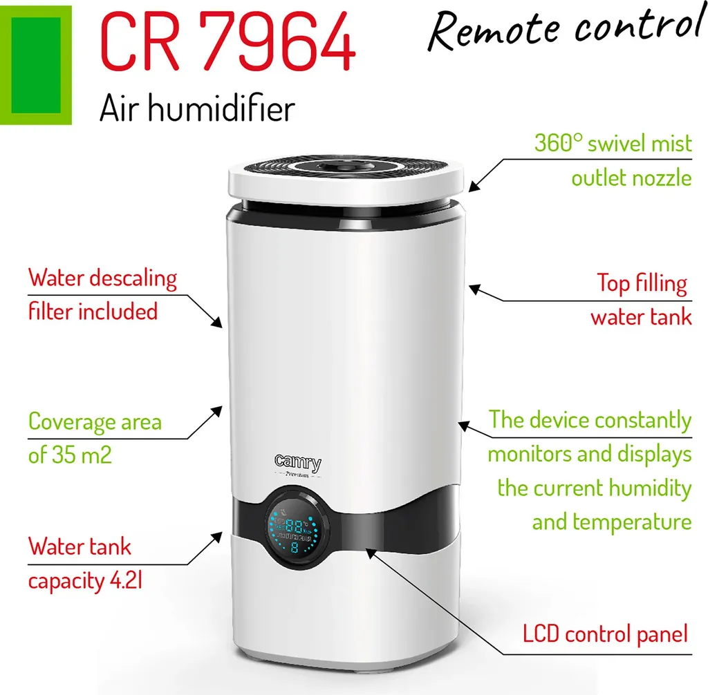 Air sec ? Humidificateur Camry 4,2L Silencieux 25W LED 8h - 19