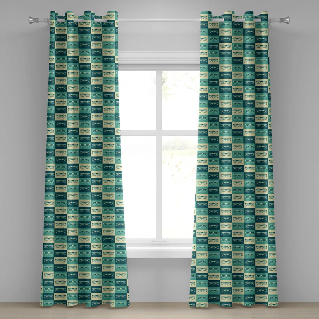 ABAKUHAUS Tenda con occhielli indie, motivo con occhiali in stile vintage-hipster, collezione cool, tende decorative a 2 pannelli, 280 cm x 175 cm, blu petrolio turchese