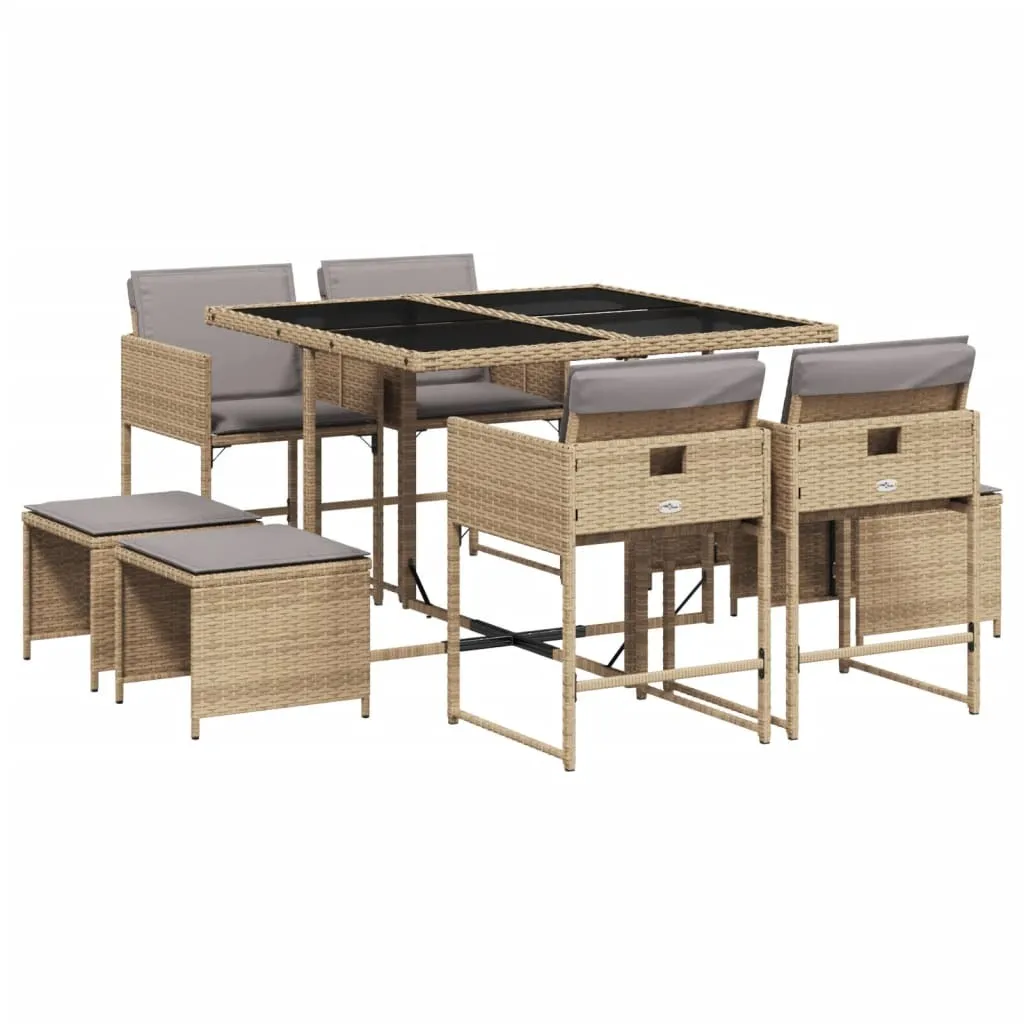 Salon de jardin 9 pièces vidaXL avec coussins beige en polyrotin tressé