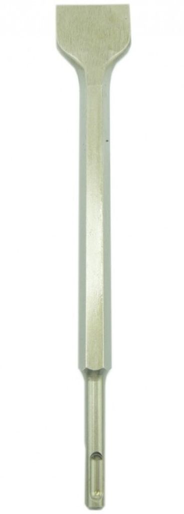 A close-up, studio shot of a chisel bit for a rotary hammer.