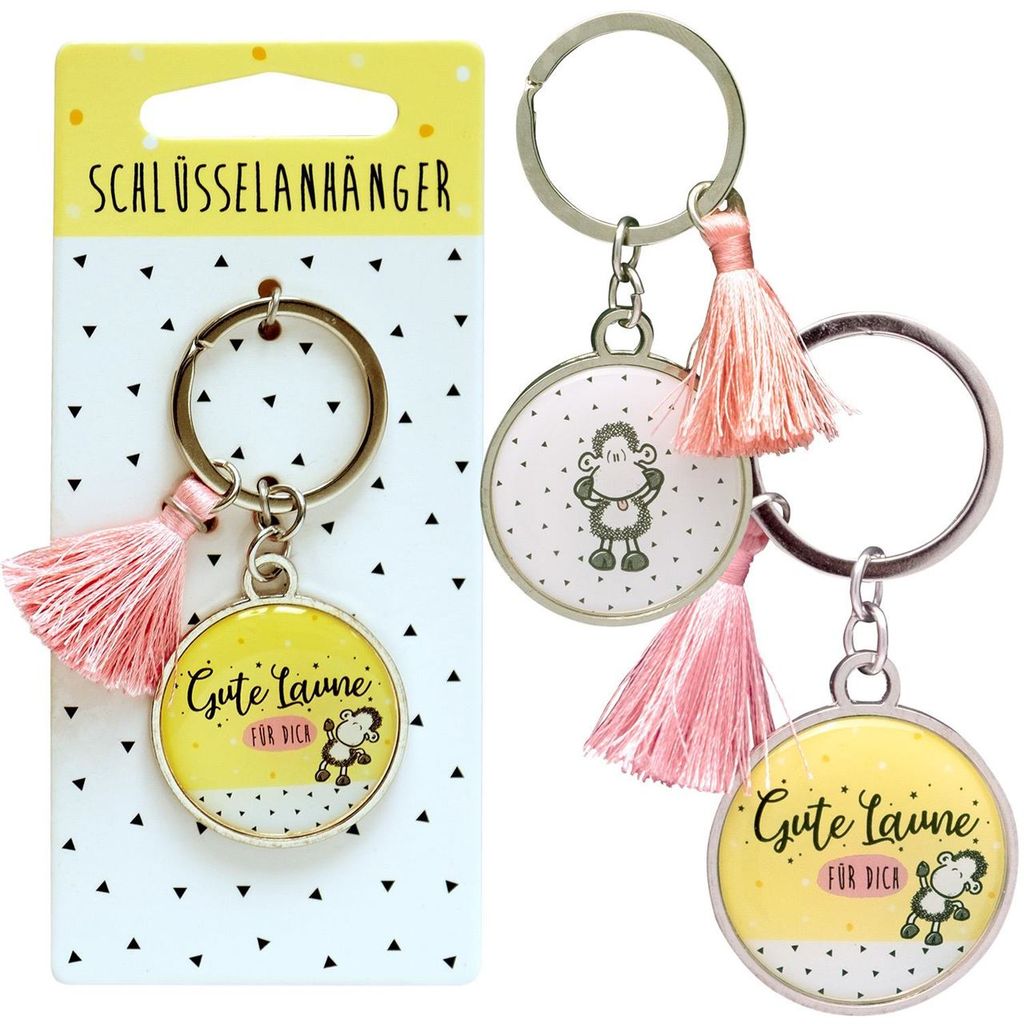 Sheepworld 46466 Schlüsselanhänger Gute Laune, Spruch und Quaste Anhänger, Gelb, Länge 7,8 cm, Breite 3,6 cm