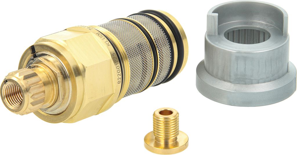 A set of plumbing parts, including a brass cartridge, a silver adapter, and a small brass fitting, are arranged on a white background.