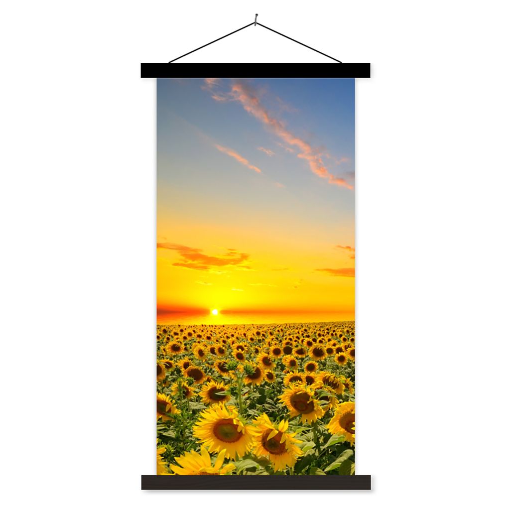 MuchoWow Textilposter Blumen - Sonnenblume - Sonnenuntergang - Nacht - Orange 60x120 cm mit schwarzem Rahmen - Magnete