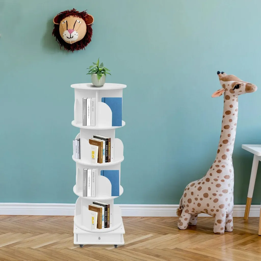 Rangement d'angle pivotant blanc 4 étages - Bibliothèque gain de place