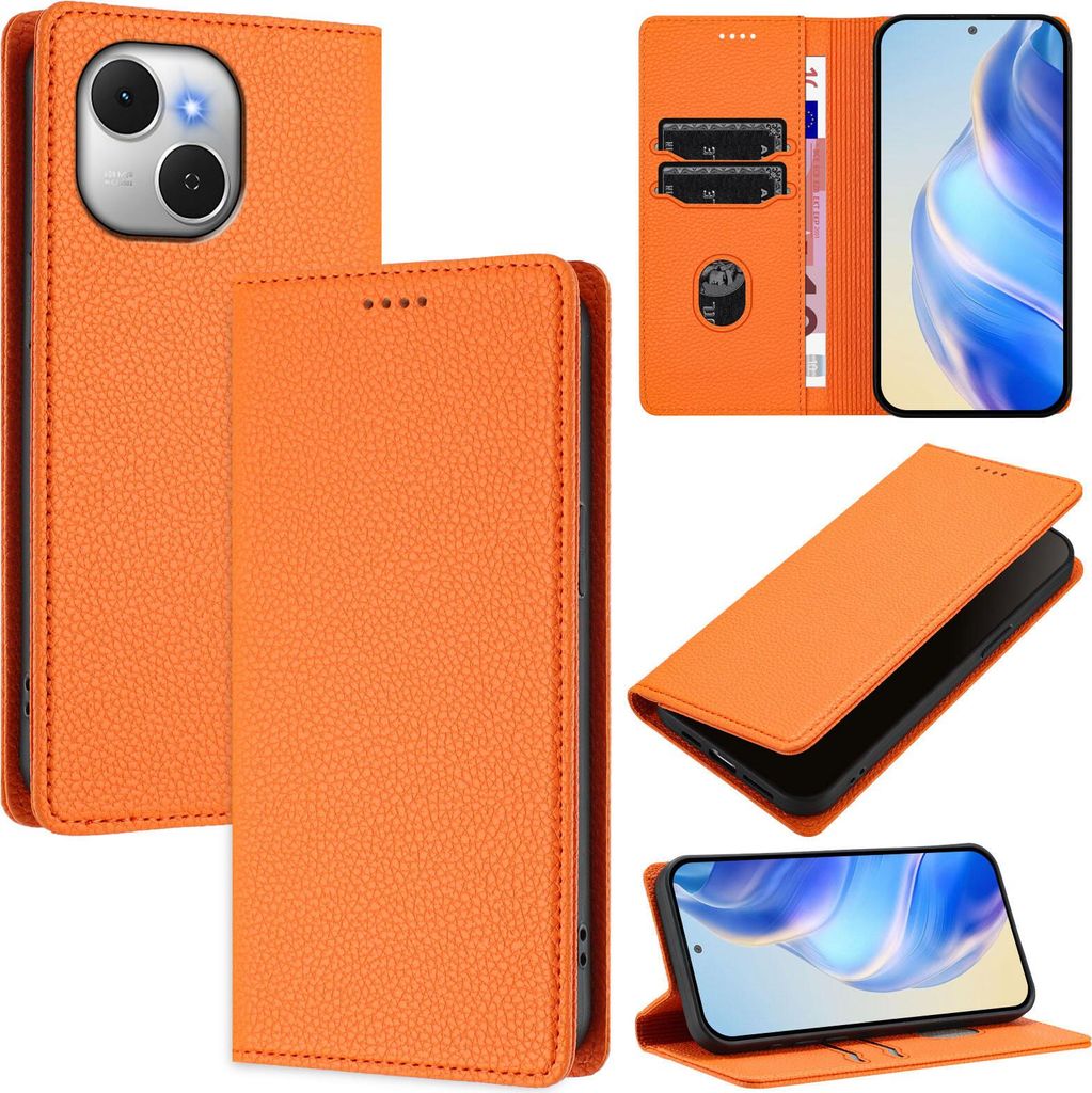 Litchi Leder Handyhülle für Tecno Spark 40C Wallet Kartenfächer Standfunktion Hülle Orange