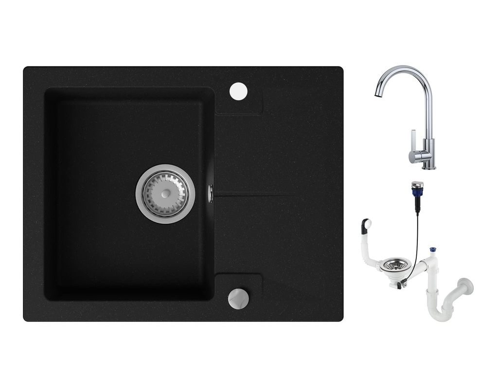 Granmaster Caro Granitspüle mit Armatur 1 Becken mit Siphon in 3 Farben - Spülbecken Arbeitsplatte Küche Waschbecken mit Wasserhahn, Schwarz Met...