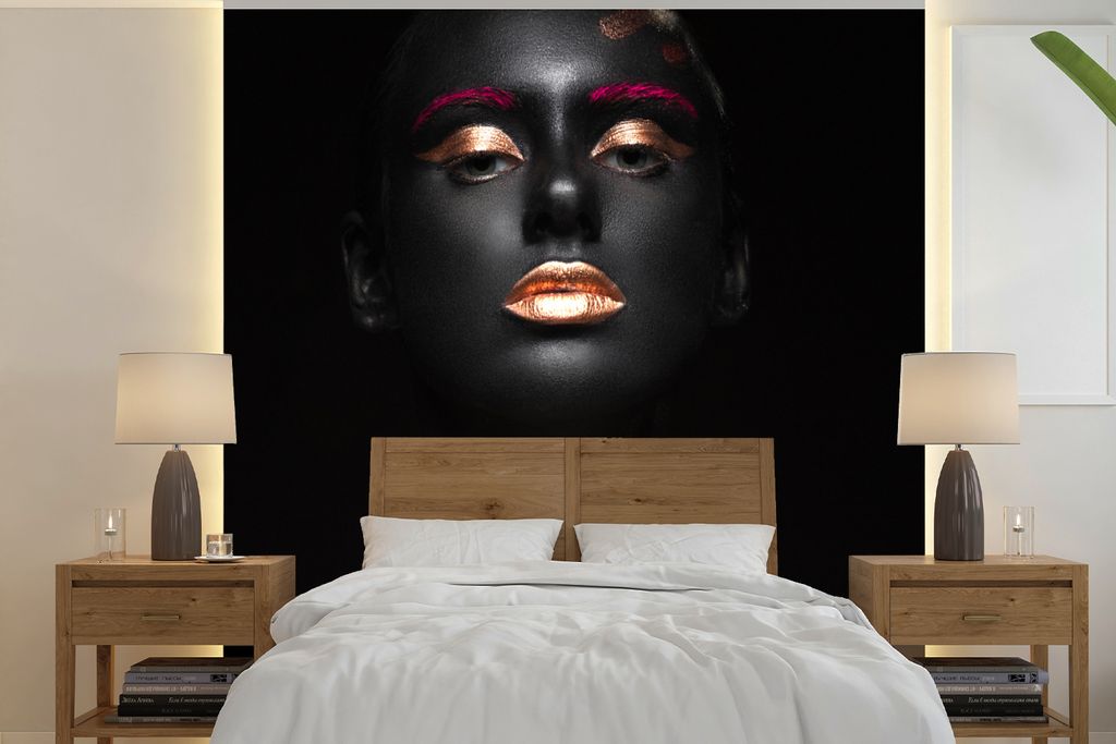 MuchoWow Fototapete für Wohnzimmer oder Schlafzimmer Wandtapete Vinyl Motivtapete Frau - Kupfer - Rosa - 260x260 cm - Papiertapeten