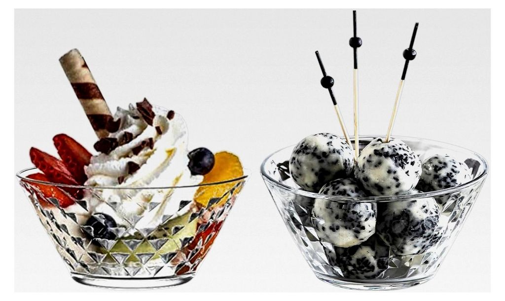 Set von 6 modernen Dessertschalen aus Glas, 330ml, 100% bleifreies Glas, stapelbare Schalen für Pudding, Desserts, Salate und Saucen