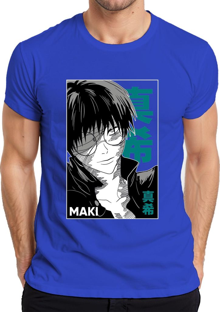 Anime Manga MAKI Brille schwarz weiß Cool Geschenk Otaku Retro Herren T-Shirt, Blau, XXL