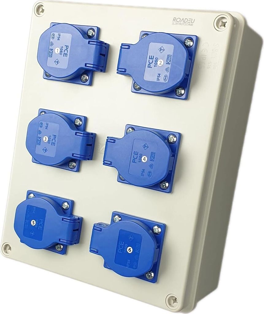 RoadEu Stromverteiler 16A - Wandverteiler 6x 230V 16A Schuko Steckdosen - Baustromverteiler 16A - Wandsteckdose für den Innen- und Außenbereich