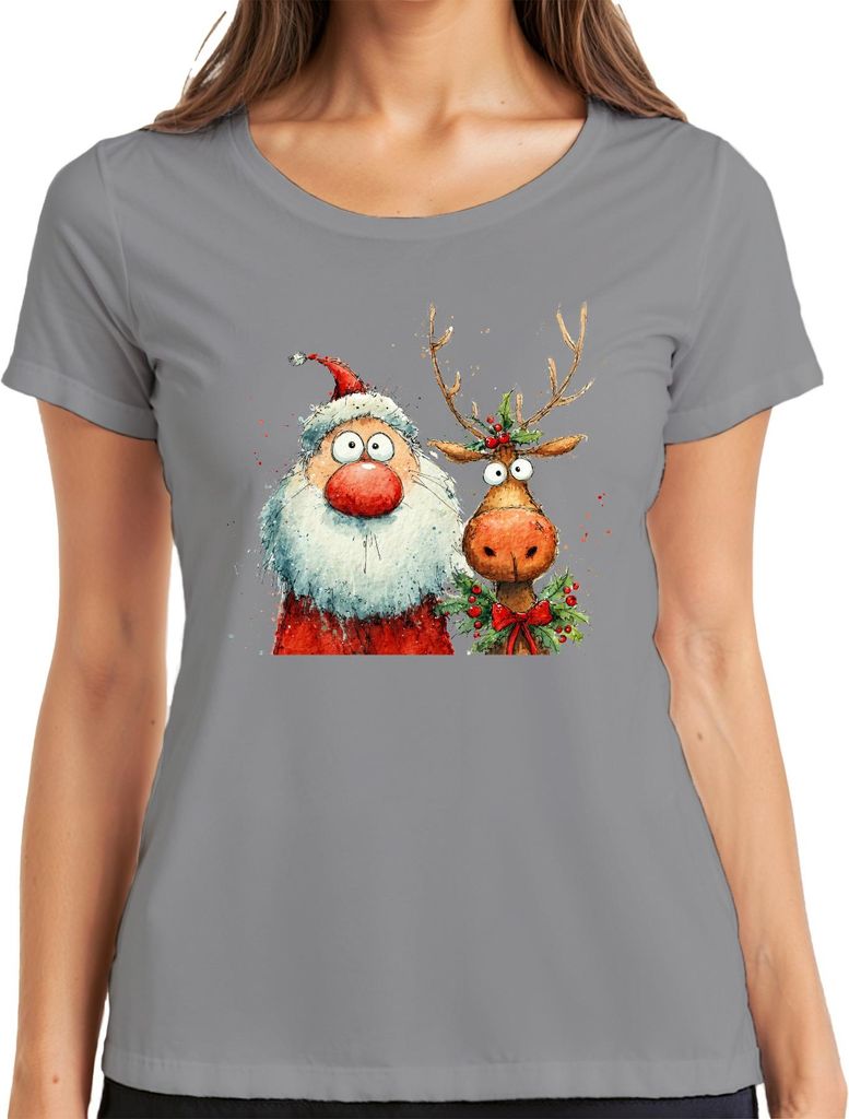 Lustiger Weihnachtsmann und Rentier Aquarell Weihnachten Geschenk Damen T-Shirt, Grau, M