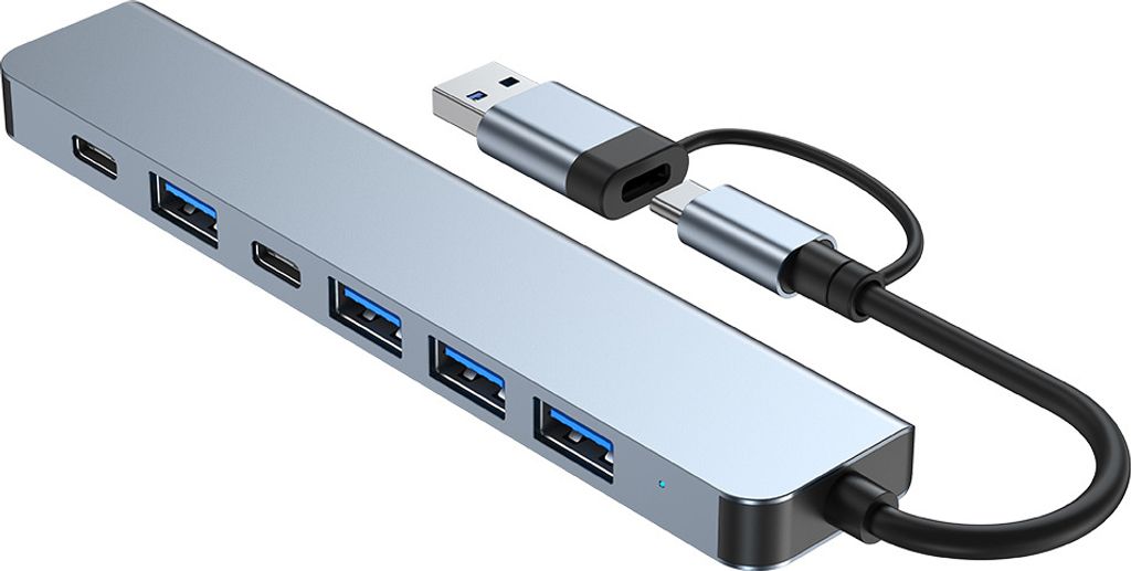INF 2-in-1 USB-C / USB-Hub 7 Anschlüsse USB3.0 für Windows MacOS Grau