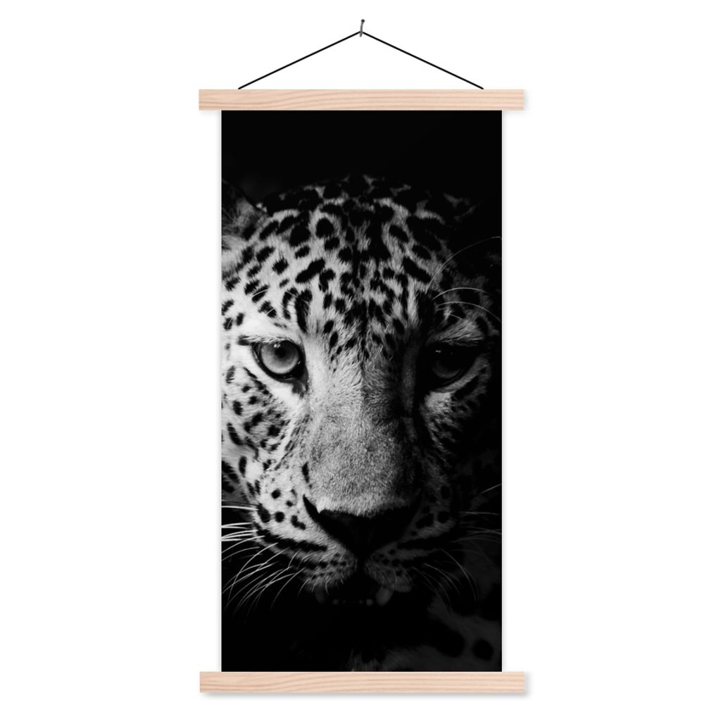 MuchoWow Textilposter Panther - Wildtiere - Schwarz und weiß - Tiere 40x80 cm mit holzfarbenen Rahmen - Wohnzimmer
