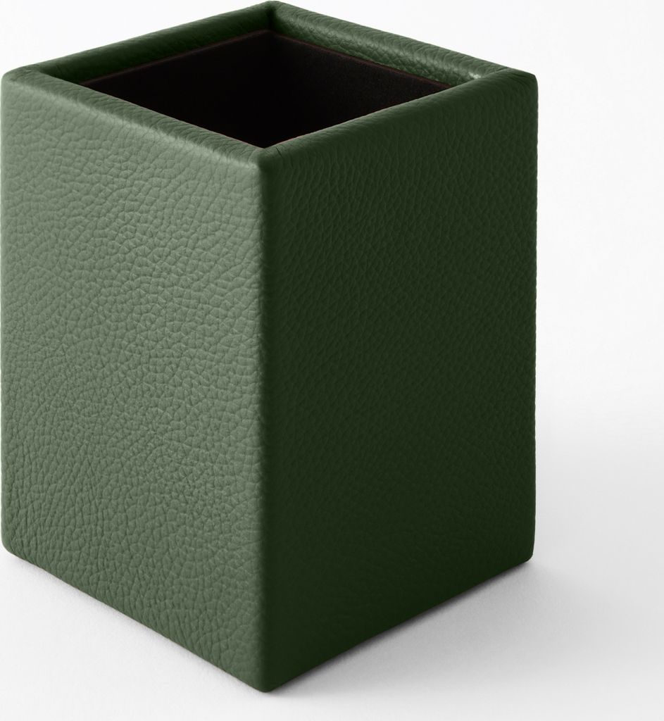 Schreibtisch Stiftehalter Echtes Leder Grün cm 7 x 7 x H.9.5 - Quadratisches Design - Hergestellt in Italien