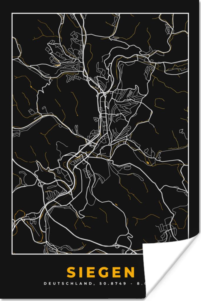 MuchoWow Poster Siegen - Stadtplan - Gold - Deutschland - Karte 40x60 cm - Plakate für die Wand - Poster Babyzimmer