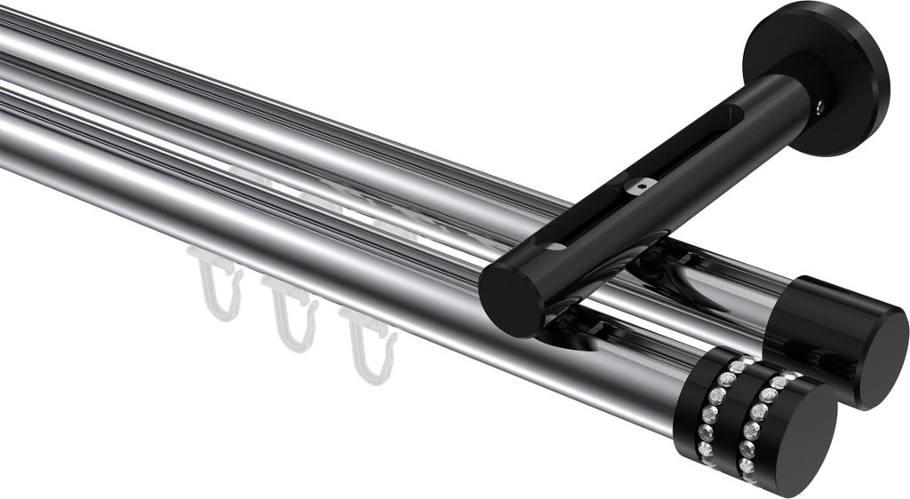 Interdeco Innenlaufstange / Gardinenstange mit Innenlauf Chrom / Schwarz, Typ Siteno Estana (Glitzerkappe), 20 mm Ø 2-läufig, 260 cm
