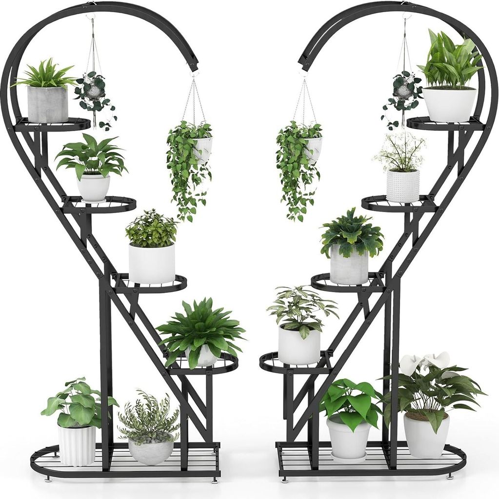 GOPLUS 5-stufiger Blumenständer Metall-Pflanzenständer in Herzform, Pflanzenregal mit 4 Aufhängehaken, Blumenständer für den Innen- und Außen...