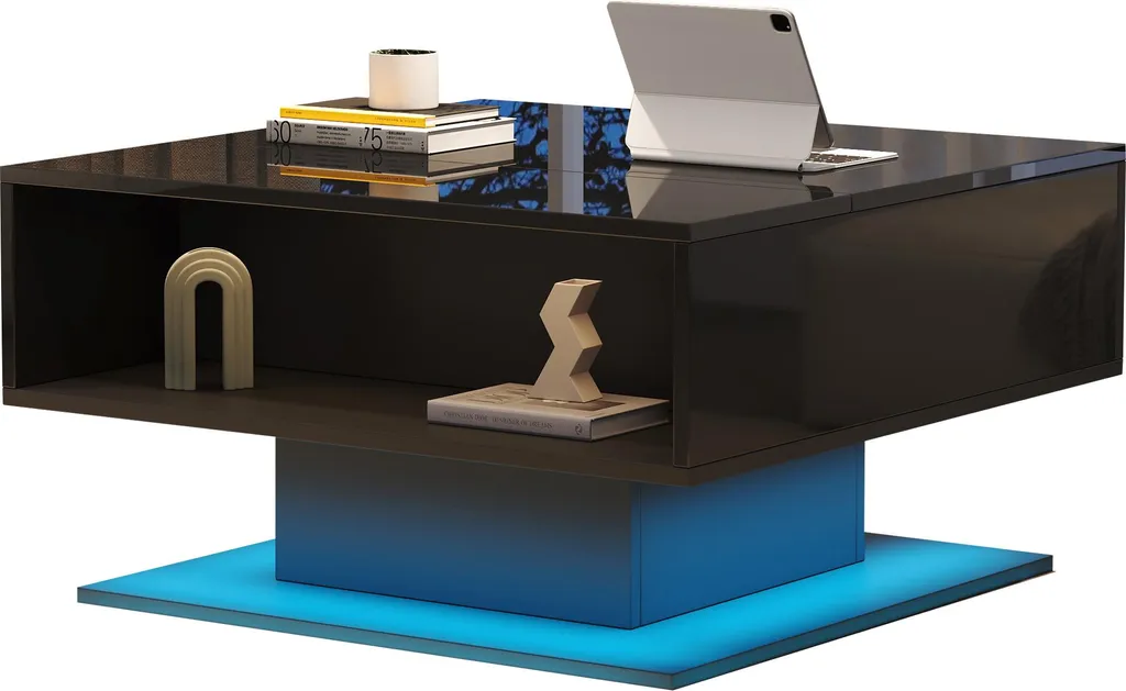 Table Basse LED Noire à Hauteur Réglable et Compartiment de Stockage - 5