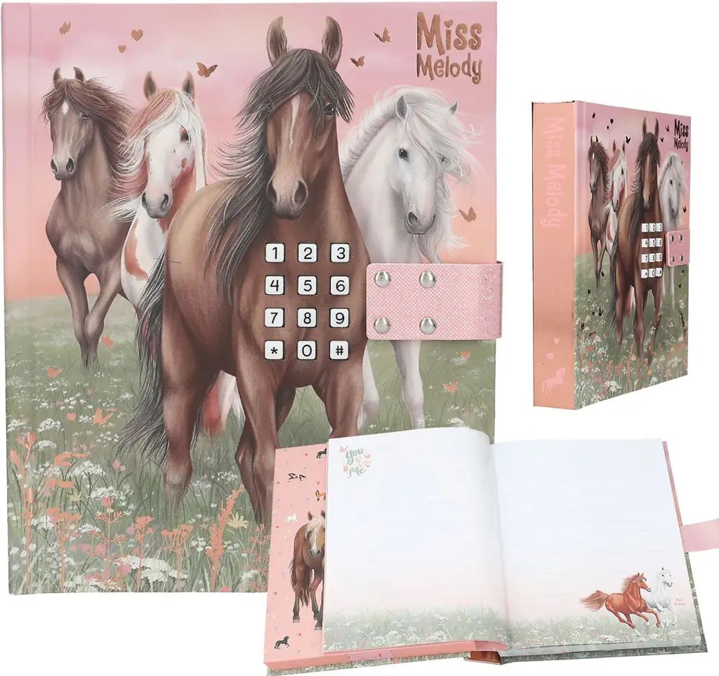 A diary with a horse motif, featuring a keypad lock and an open spread showing lined pages with illustrations.