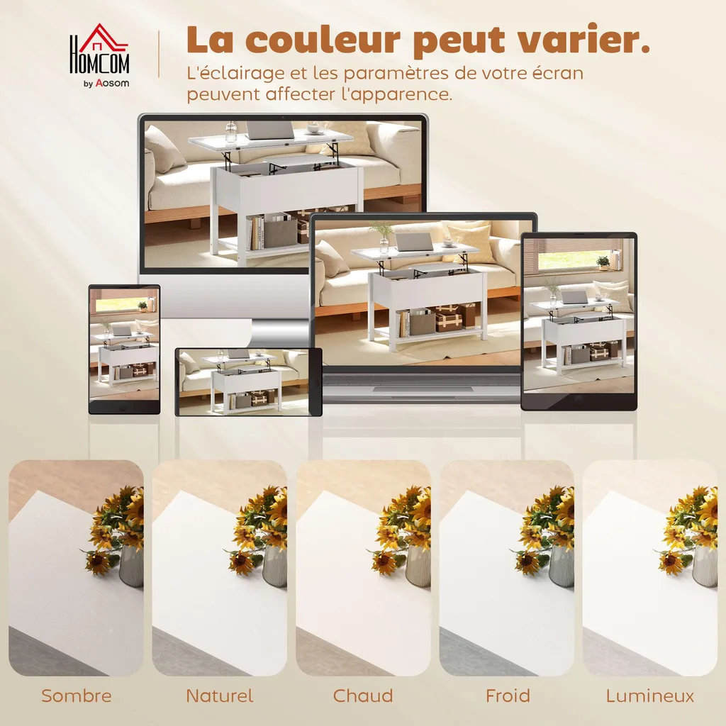 HOMCOM Table basse relevable et extensible en blanc, 100x45x50,5 cm - 4