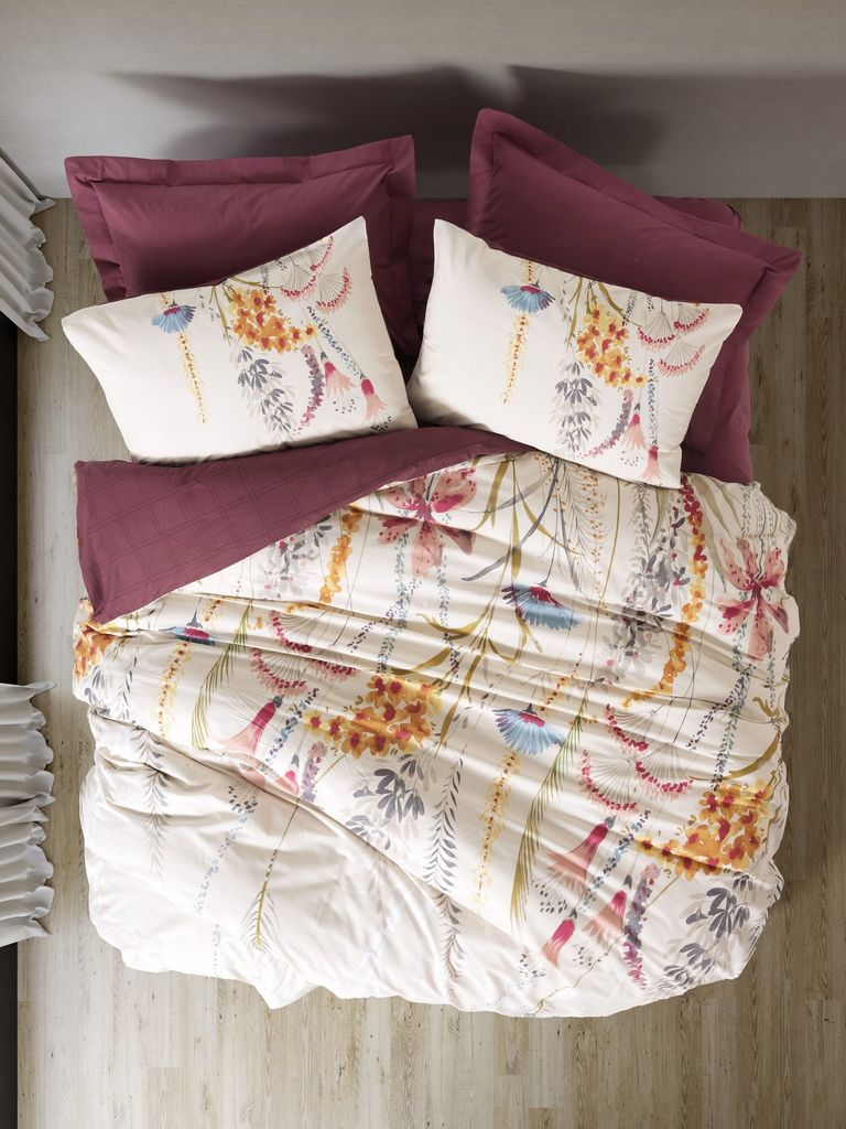 L'Essentiel Linge de Maison, Ranforce Super King Bettbezug-Set (FR), Flos - Claret Red, 100 % BAUMWOLLE RANFORCE, Weinrot, 260 x 220 cm