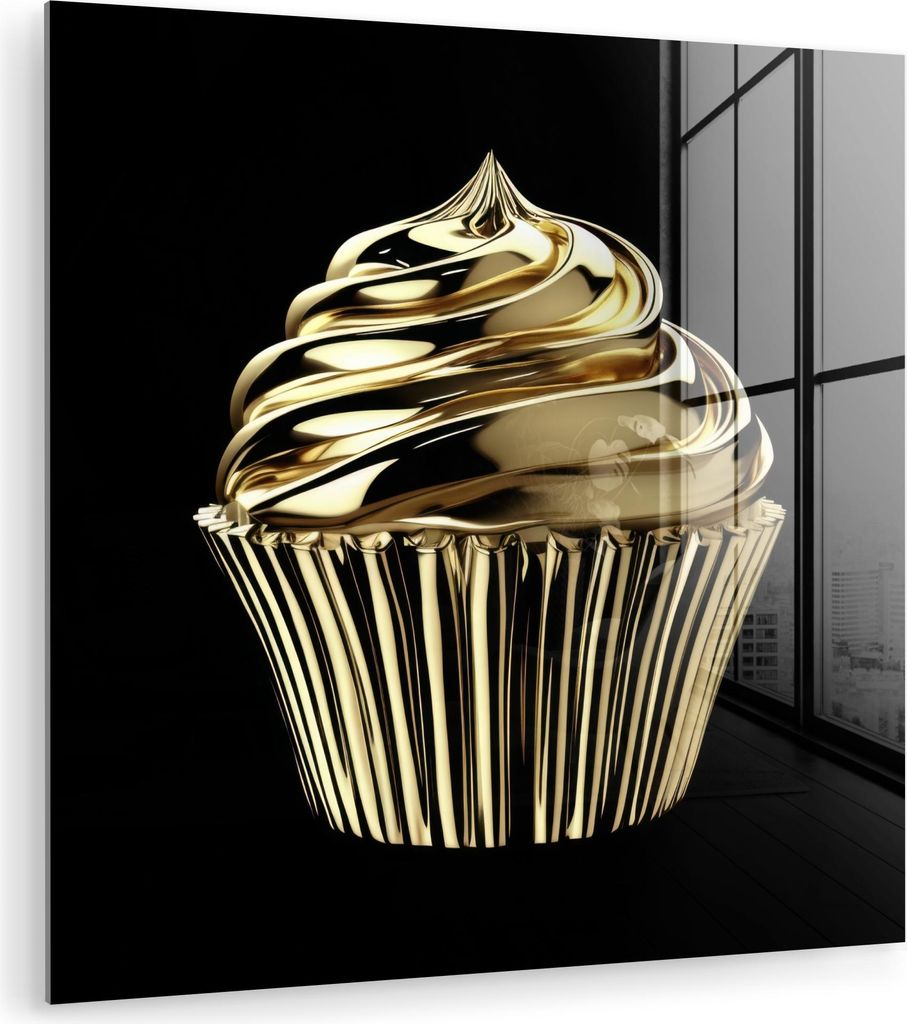 MuchoWow Glasbilder - Bilder auf Wandbild - Foto auf Glas Cupcake - Lebensmittel - Gold - Schwarz 20x20 cm Wanddekoration aus Glas - Acrylglasbild ...