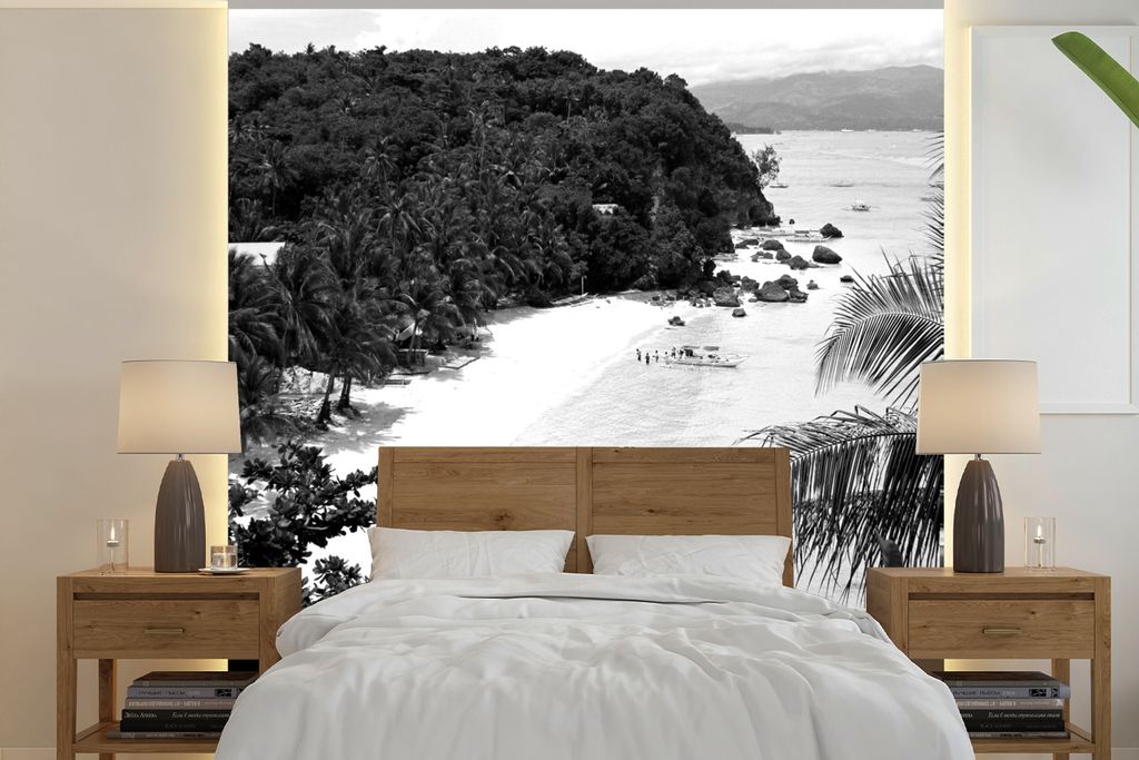 MuchoWow Fototapete für Wohnzimmer oder Schlafzimmer Wandtapete Vinyl Motivtapete Palme - Philippinen - Strand - schwarz und weiß - 300x300 cm ...
