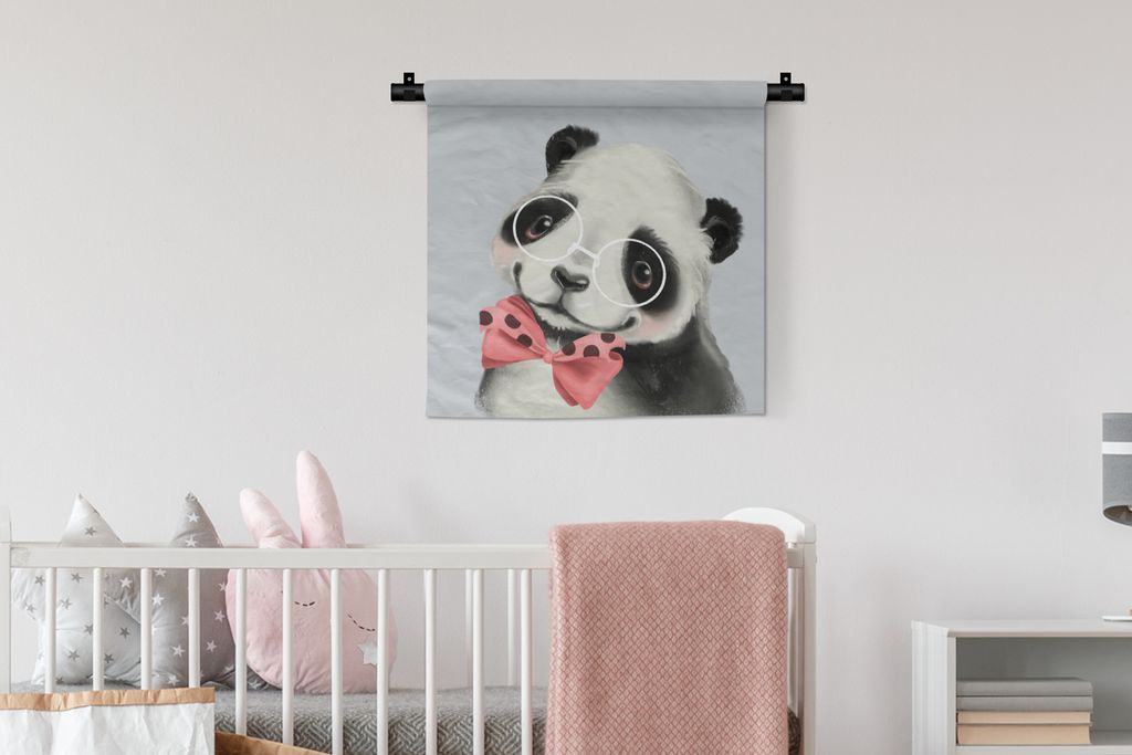 MuchoWow Wandteppich Wandbehang Panda - Kinder - Schleife 60x60 cm Tapisserie Dekoration Wandtuch - Dekorationen - Wand Decke