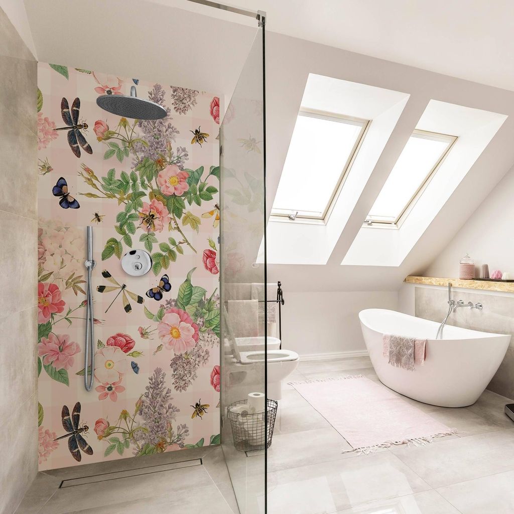 Duschrückwand Muster selbstklebend - 0.61 mm Wandpaneel wasserfest Blumenmuster rosa Badrückwand fugenlos Premium matt 110x190 cm