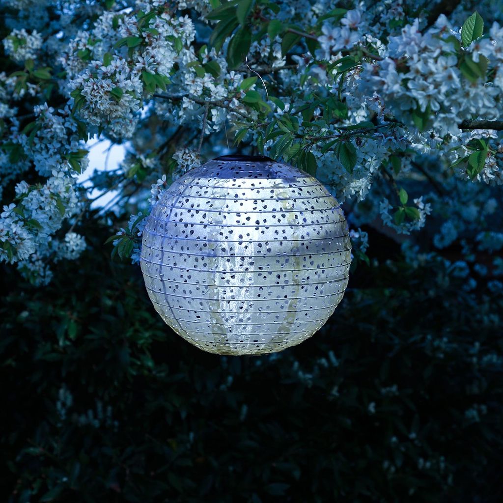 LED Solar Lampion - mit Blumenmuster - warmweiße LED - H: 25cm - D: 25cm - Lichtsensor - blau