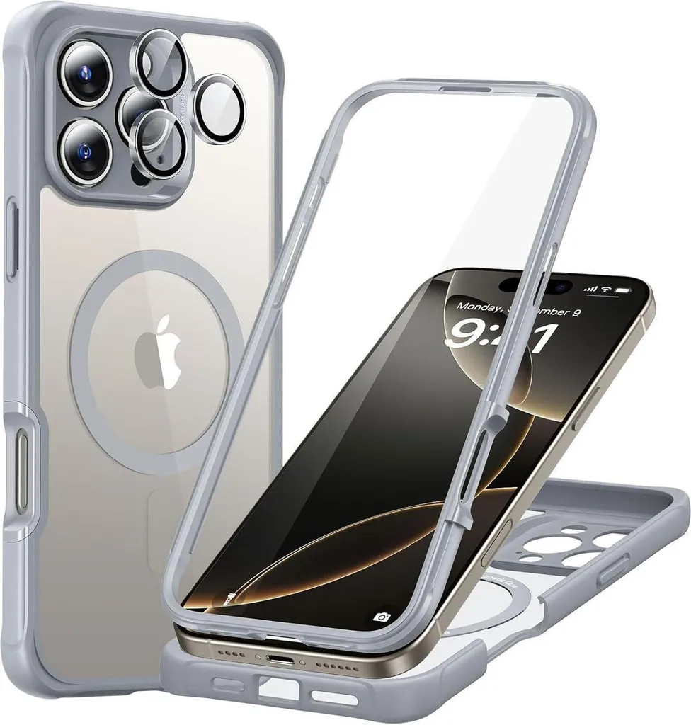 Coque Intégrale iPhone 16 Pro Antichoc Grise Magnétique pour MagSafe 360°