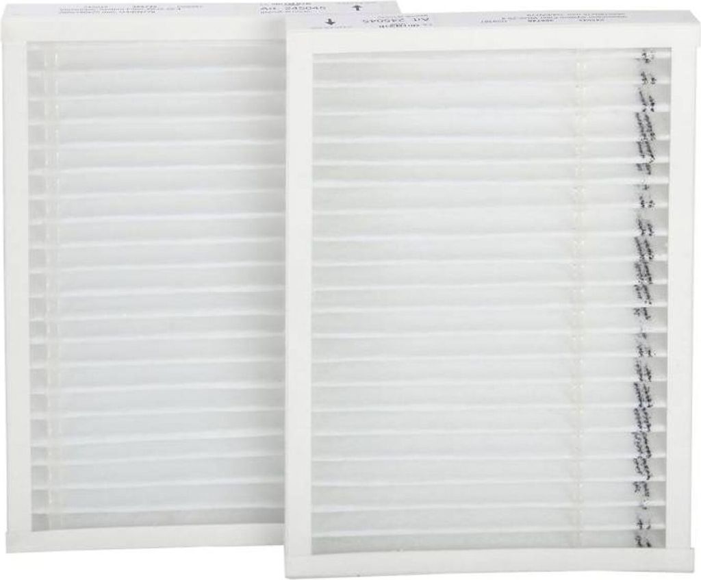 Two white air filters are shown side-by-side against a white background.