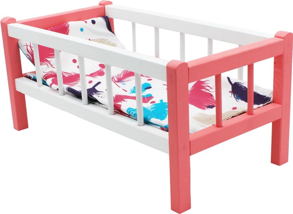 A doll's crib with a colorful patterned bedding.