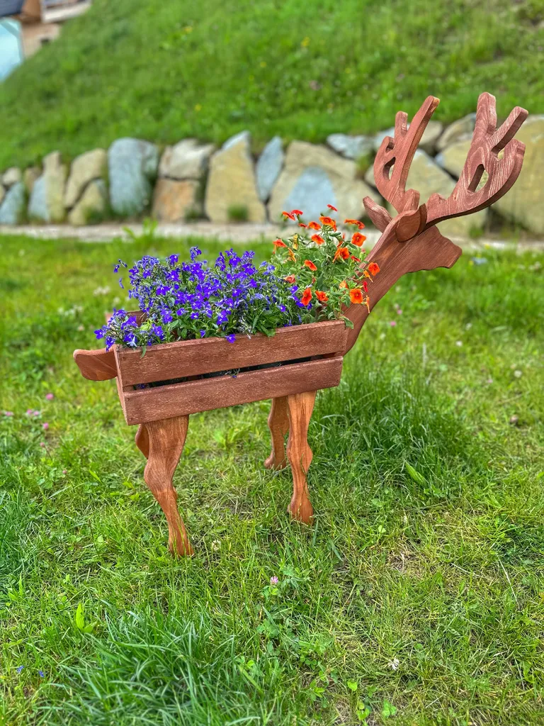 Support de fleurs cerf bois marron - Jardinière sculptée design rustique - 7