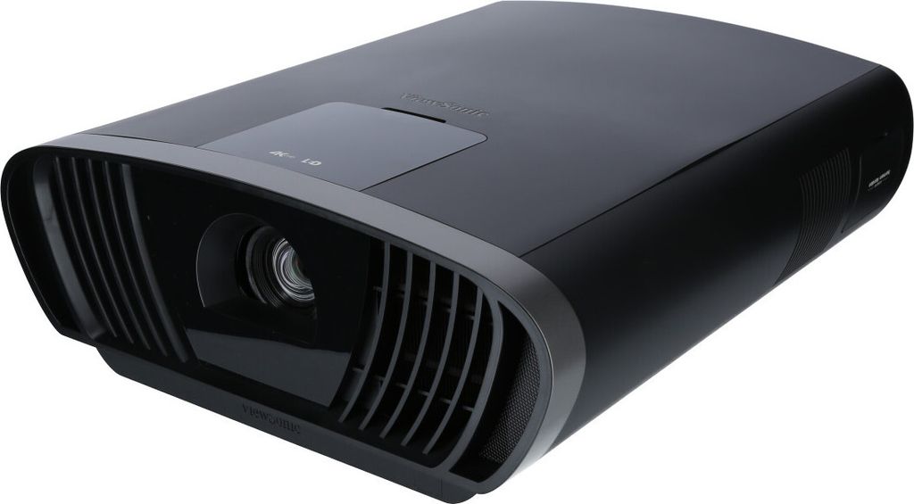 A black projector is shown from a three-quarter angle against a white background.