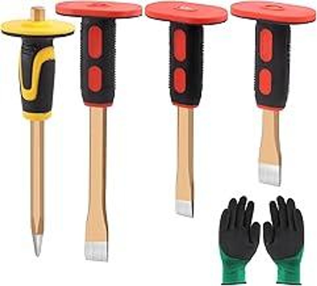 5-Stück Maurermeißel mit Handschutz, 2.7 x 20cm/25cm/30cm Flachmeißel und 1.6 x 30cm Spitzmeißel, Stemmeisen Set und Handschuhen, Beton-Mörtel...