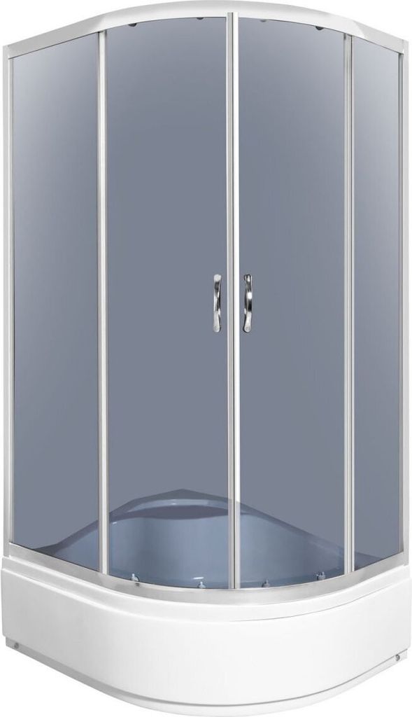 A modern shower cabin with frosted glass doors and a white base, presented on a white background.