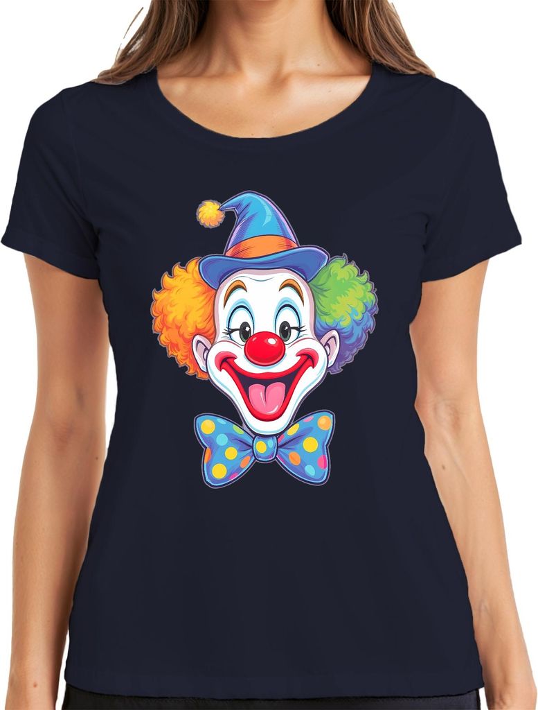 Clownsgesicht rote Nase bunter Afro Fliege Karneval lustig Party Damen T-Shirt, Navy, XL