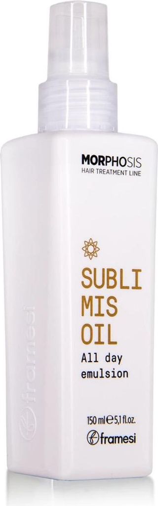 A white bottle of Framesi Morphosis Sublimis Oil All Day emulsion.
