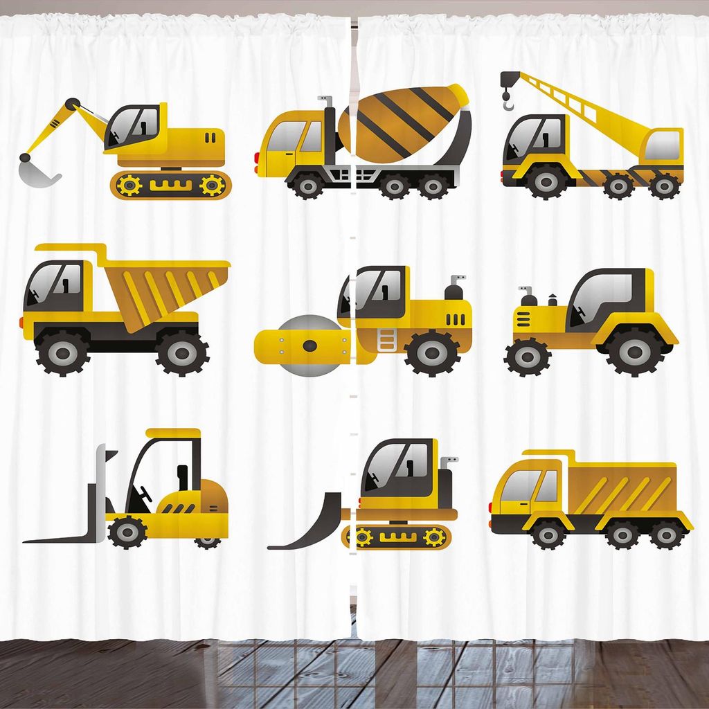 ARANDE Konstruktion Gardine, Große Fahrzeuge Icon Collection Engineering Building Thema ClipArt-Stil, 280 x 245 cm, Gelb Grau Weiss