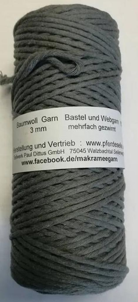 Makrameegarn Makramee Baumwollgarn Bastelgarn GRAU 150 Meter 3 mm GEZWIRNT