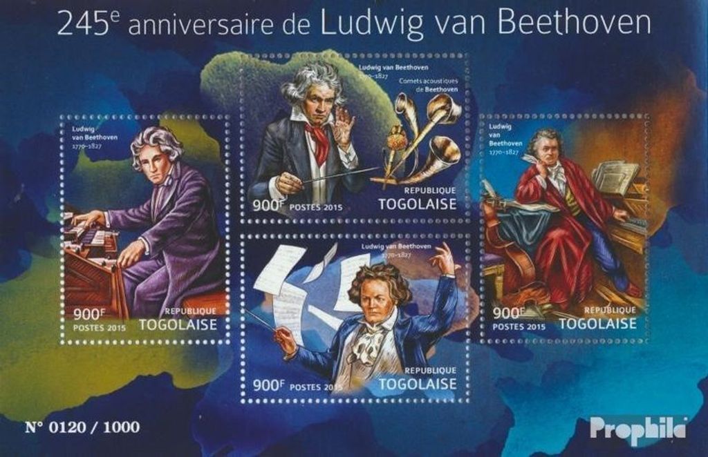 Briefmarken Togo 2015 Mi 6912-6915 Kleinbogen (kompl. Ausgabe) postfrisch Ludwig van Beethoven