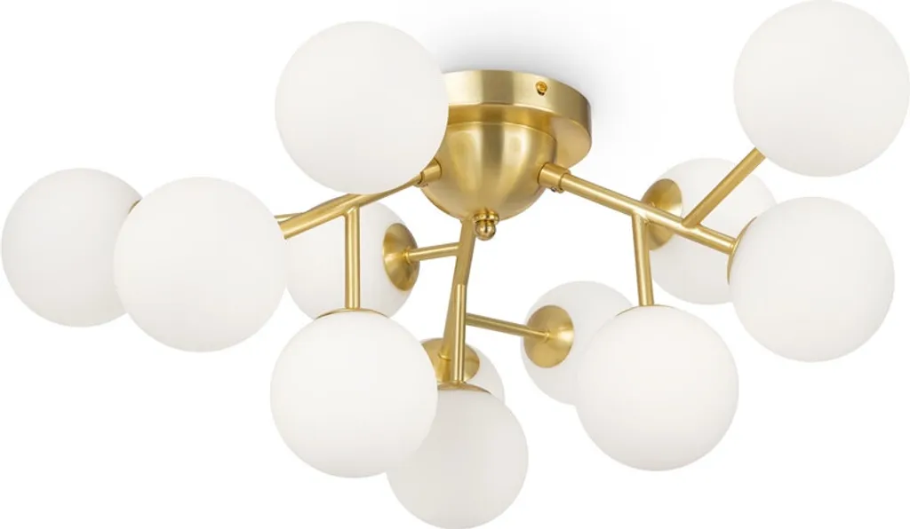 Suspension plafonnier design 12 boules blanches et métal doré Dallas
