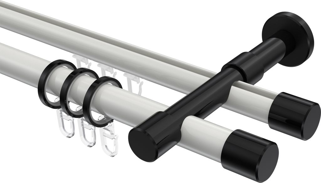 Interdeco Rundrohr-Innenlaufstange / Gardinenstange (Kombination) Weiß / Schwarz, Typ Prestige Santo (Kappe), 20 mm Ø 2-läufig, 520 cm