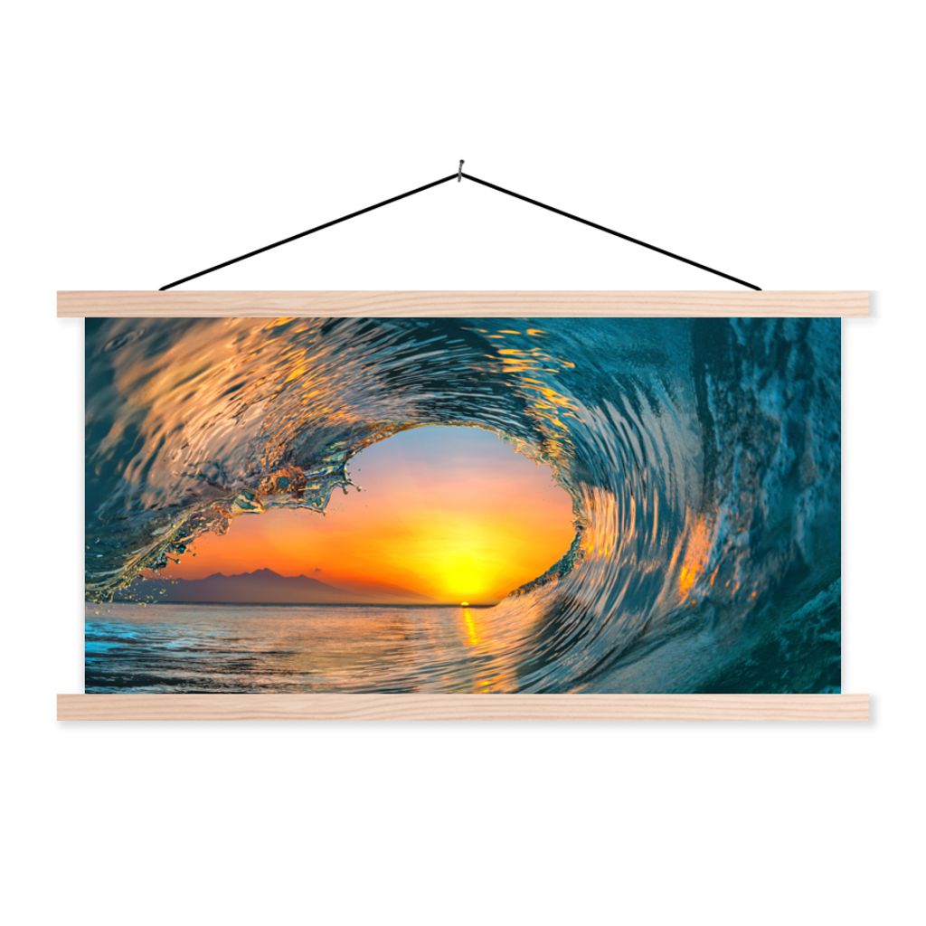MuchoWow Textilposter Sonnenuntergang - Wasser - Welle - Orange 120x60 cm mit holzfarbenen Rahmen - Klemmleiste